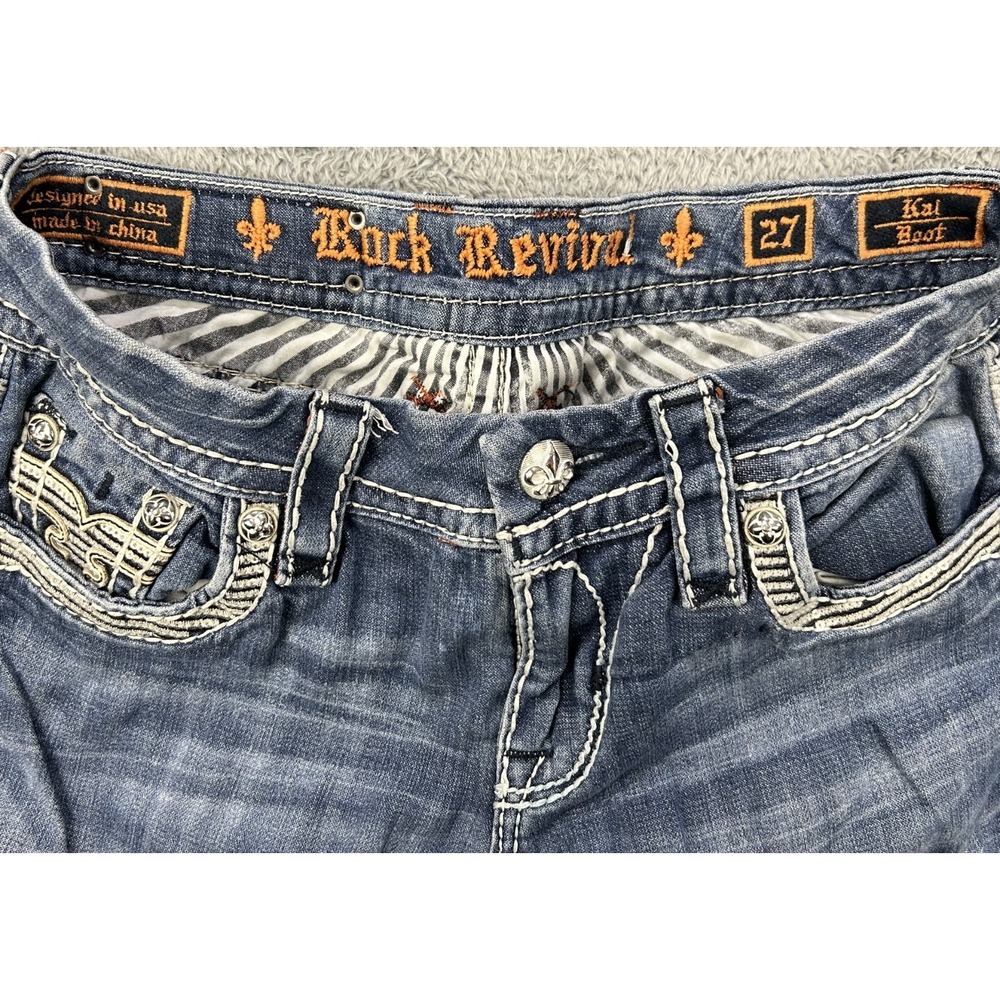 Rock Revival Jeans Womens 27x30 Kai Boot Thick Stitch Sequin Studs Perfect Fade - Picture 9 of 15